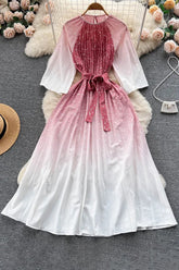 Langes Kleid mit Farbverlauf, lässiges Schnürkleid mit O-Ausschnitt